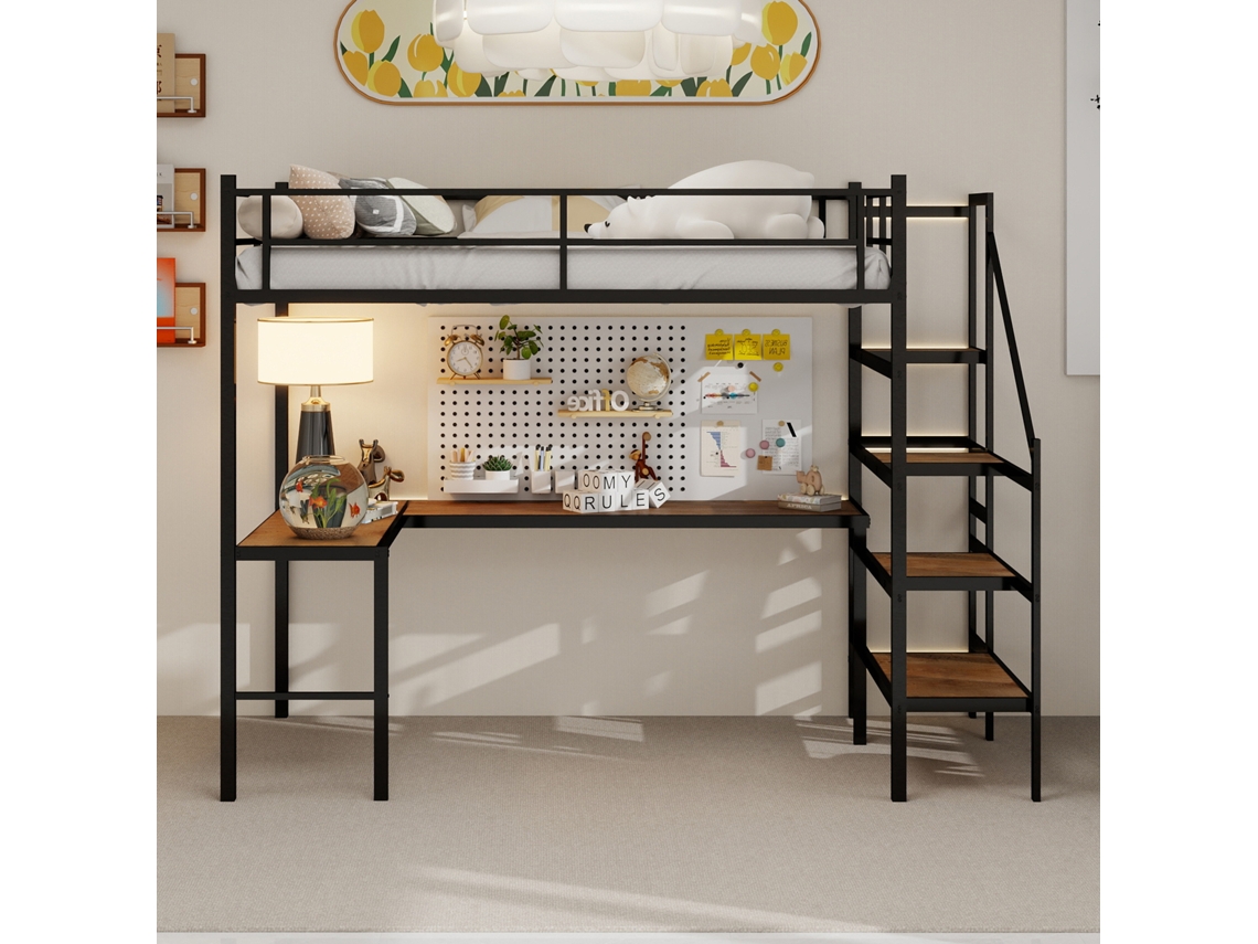 Cama Alta Com Escrivaninha L Armazenamento Andaime Estável Sem Molas