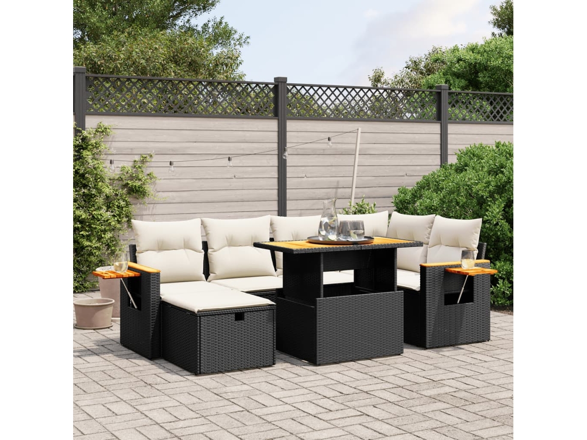Vidaxl 7 Pcs Conjunto De Sofás P/ Jardim C/ Almofadões Vime Pe Preto