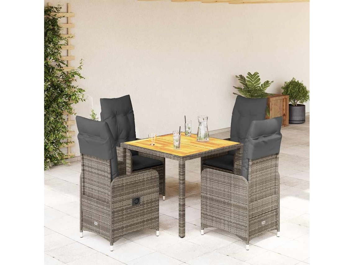 Vidaxl 5 Pcs Conjunto Bistrô De Jardim C/ Almofadões Vime Pe Cinza