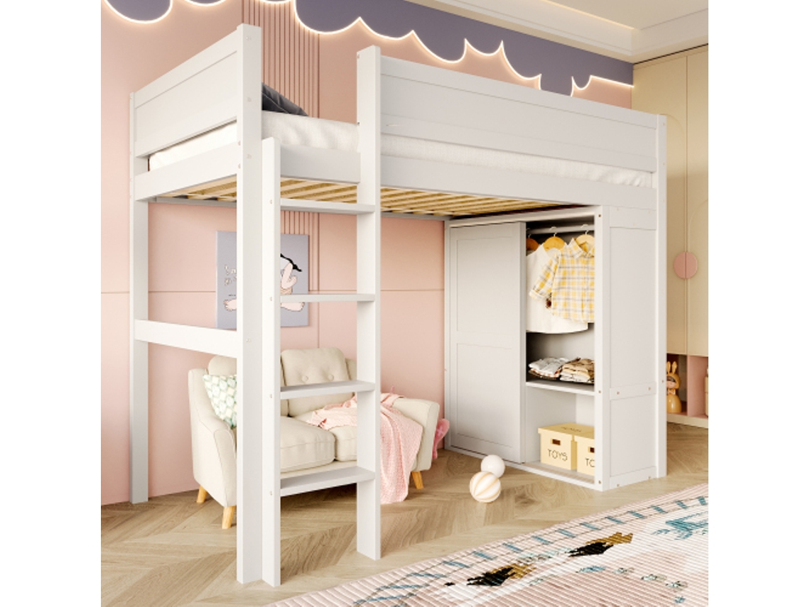 Cama alta de 90 x 200 cm, cama infantil versátil, com guarda-roupa, compartimento de armazenamento e espaço aberto embaixo da cama, sem colchão.