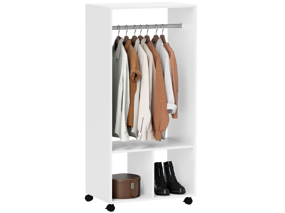 Porta abrigos de Corredor com Barra de Alumínio e 2 Prateleiras Abertas, Cabide de Madeira Engenheirada,, 60x40x128 Cm Branco
