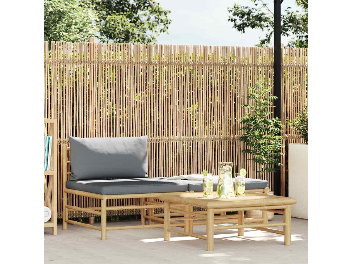 Vidaxl 3 Pcs Conj. Lounge Jardim Em Bambu C/ Almofadões Cinza-escuro