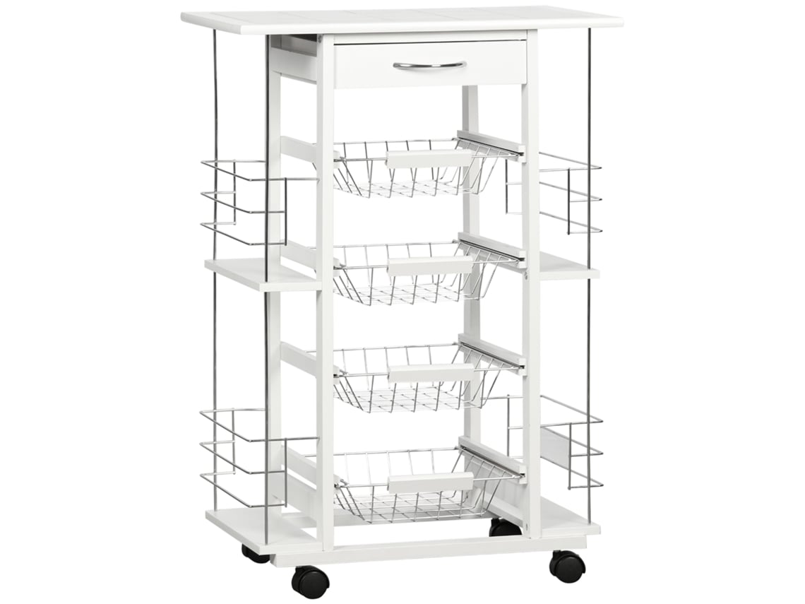 Carrinho de Cozinha Madeira de Pino, Azulejo e Metal Cor Branco 57x37x83 cm Homcom