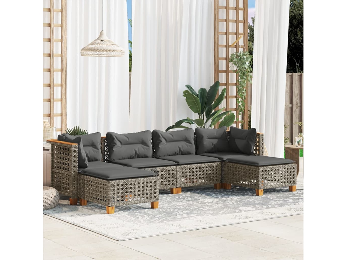 Vidaxl 6 Pcs Conjunto Sofás De Jardim Com Almofadões Vime Cinzento