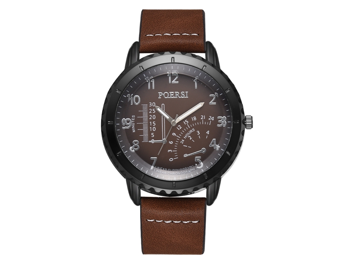 Relógio masculino de quartzo moderno com pulseira de couro PU, estilo casual vintage, mostrador grande marrom.