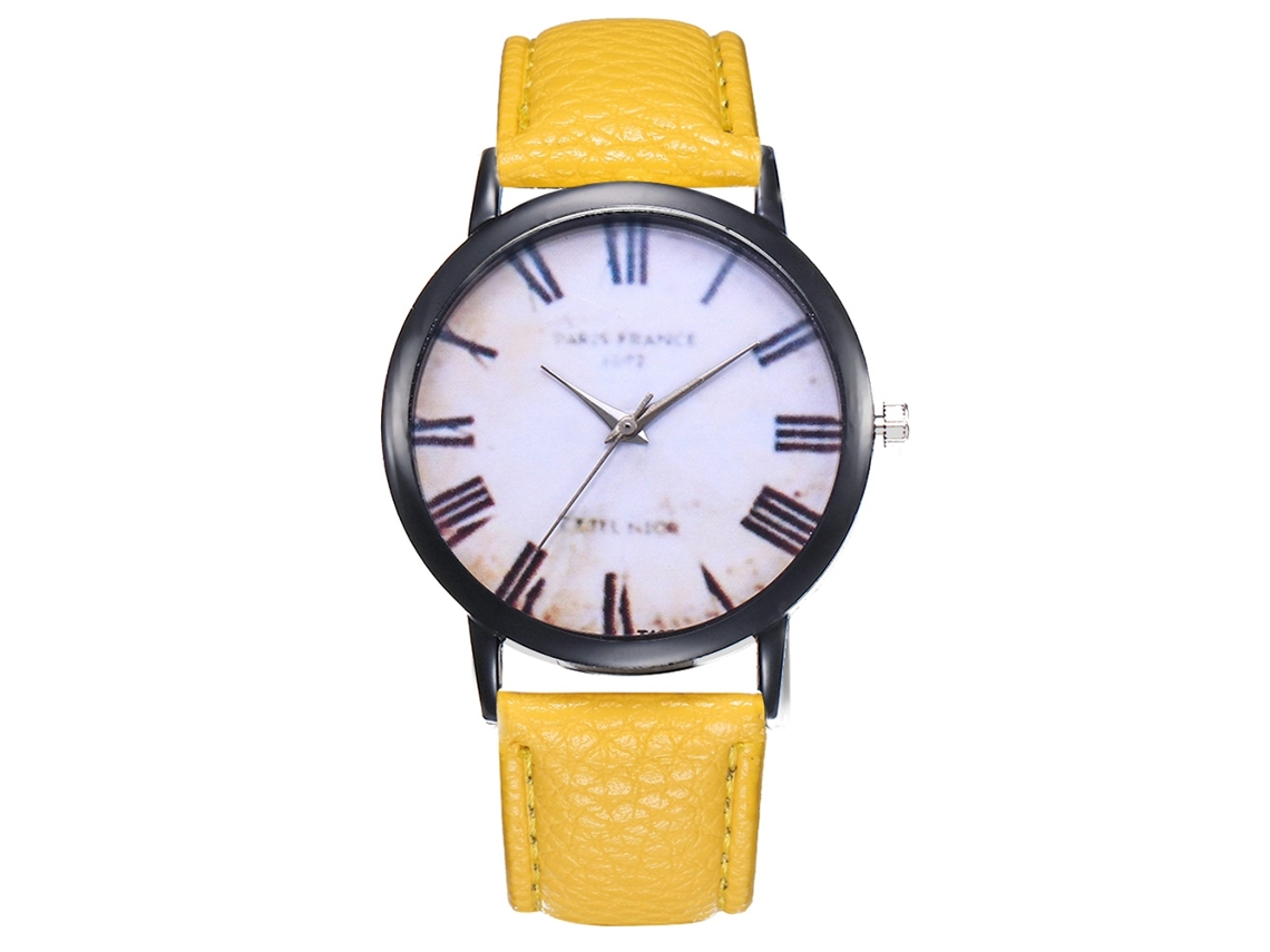 Relógio de quartzo unissex com pulseira de couro PU, mostrador redondo com numerais romanos, amarelo.