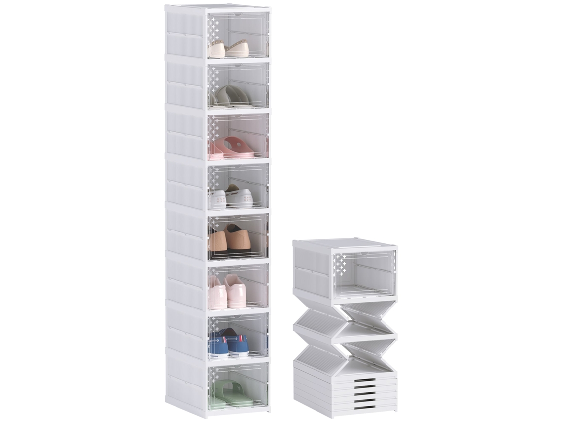 Porta Scarpe com 8 Caixas Empilháveis e Dobráveis,painel Transparente branco BTFORUS