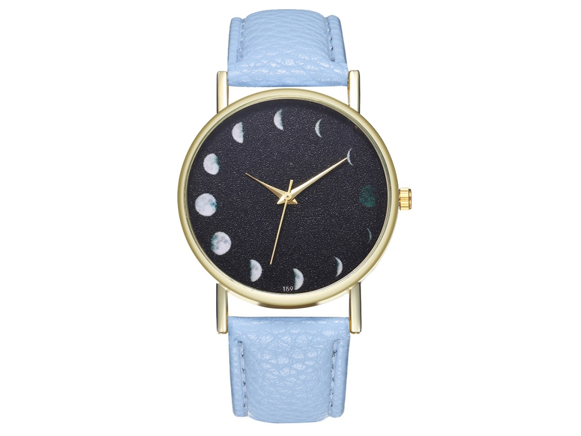 Relógio de quartzo unissex com pulseira de couro PU, design simples, lua (azul claro)
