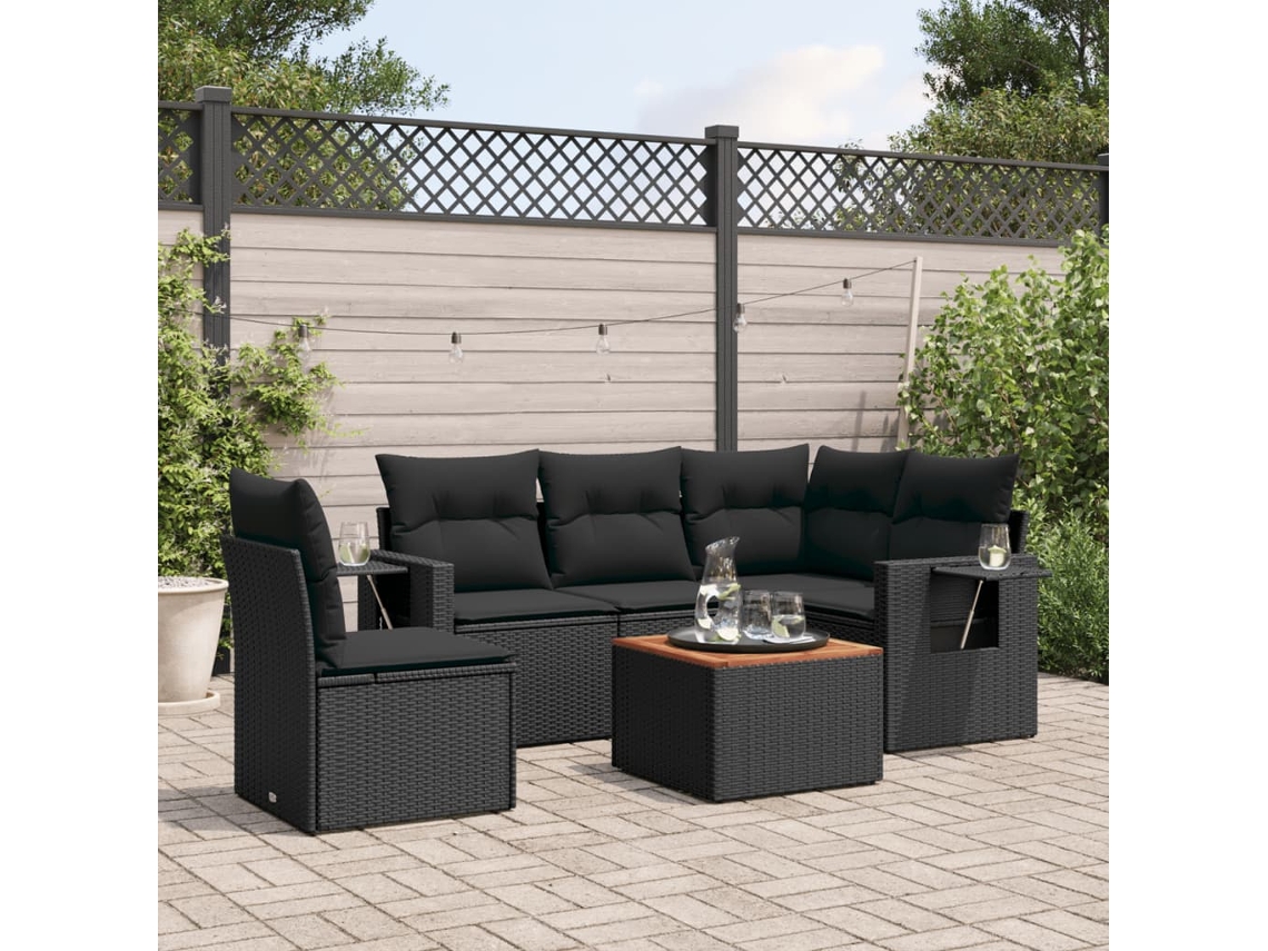 Vidaxl 6 Pcs Conjunto Sofás De Jardim C/ Almofadões Vime Pe Preto