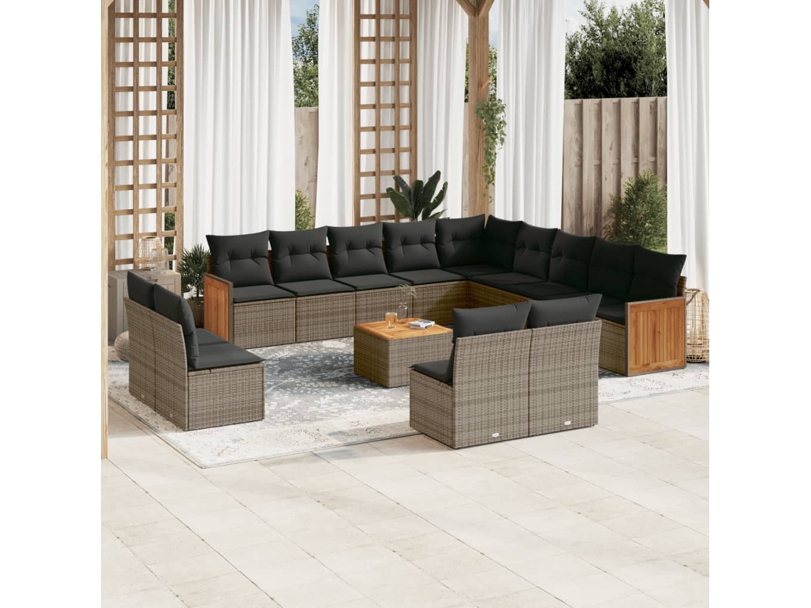Vidaxl 14 Pcs Conjunto Sofás P/ Jardim C/ Almofadões Vime Pe Cinzento