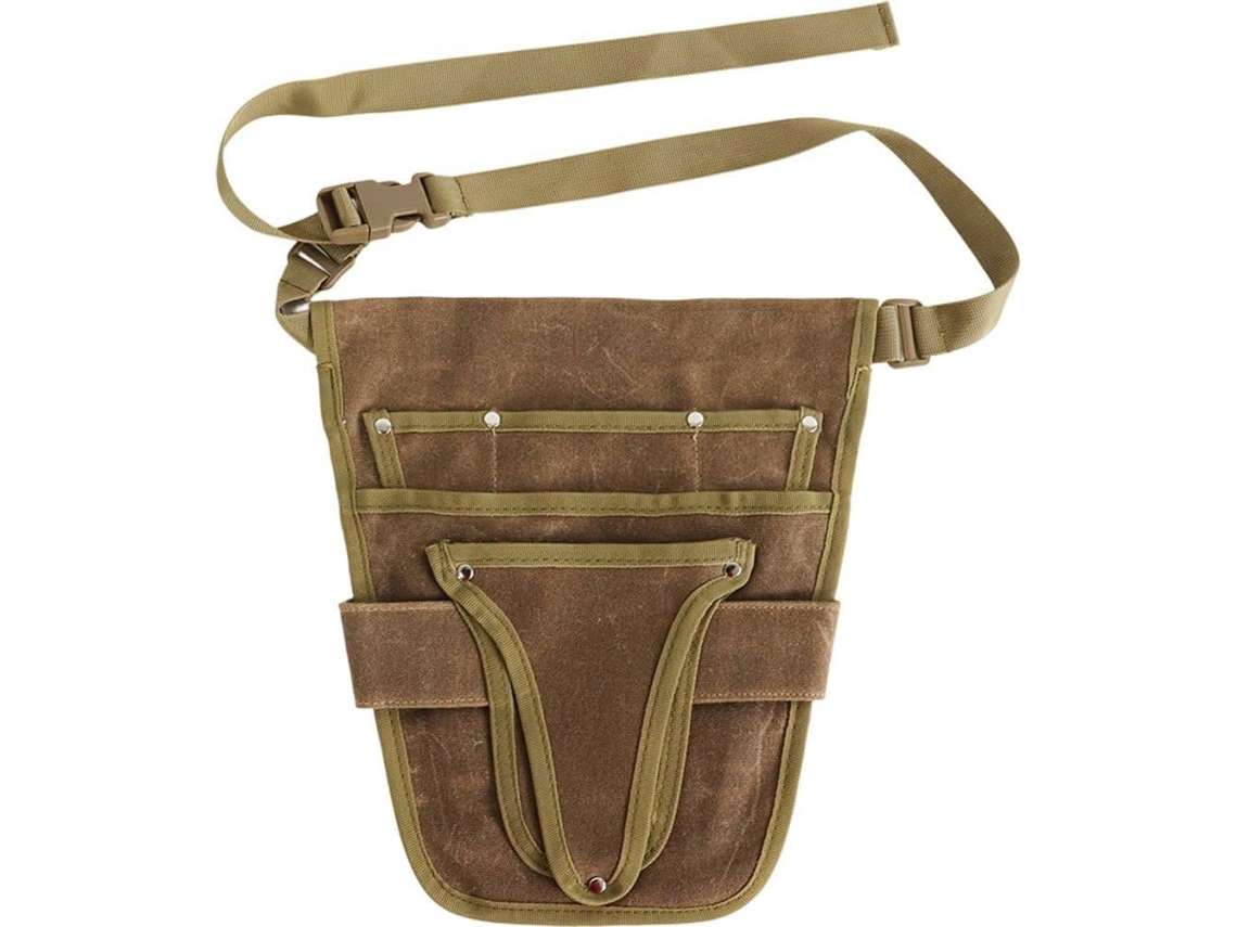 Bolsa portátil de lona para ferramentas de jardim com diversos compartimentos, resistente à água e durável.
