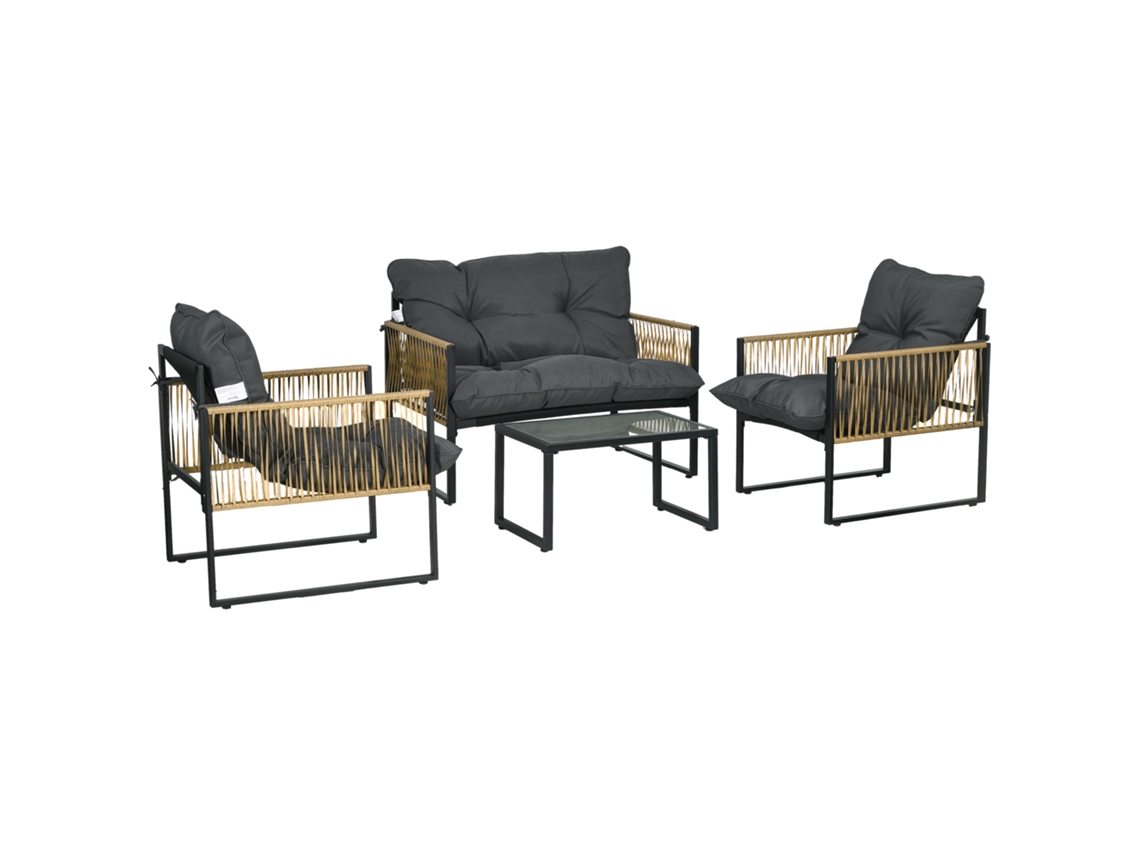 Conjunto Jardim 4 Peças QINGYU TECH com Sofá, Cadeiras, Mesa de Vidro e 3 Almofadas