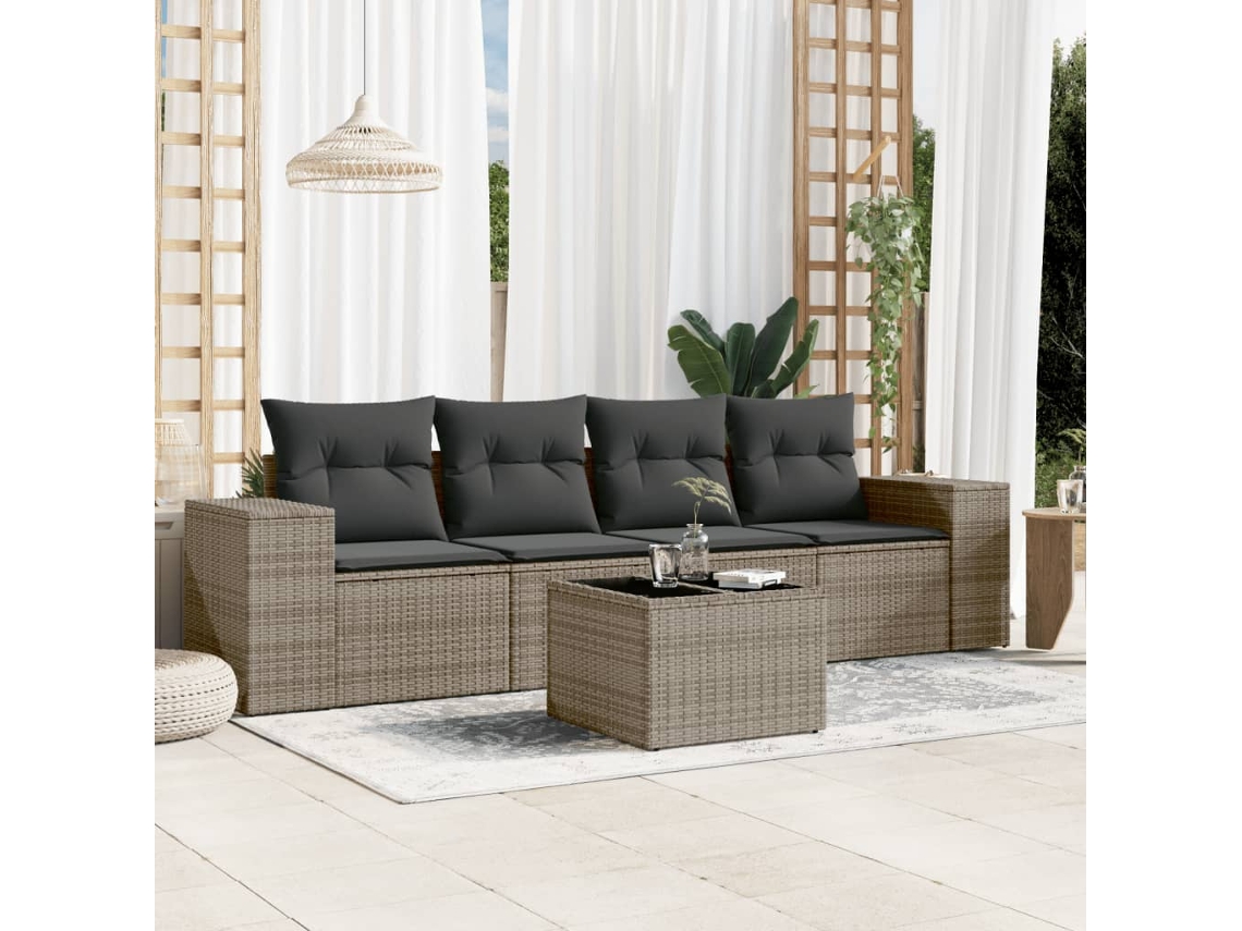 Vidaxl 5 Pcs Conjunto Sofás De Jardim C/ Almofadões Vime Pe Cinzento