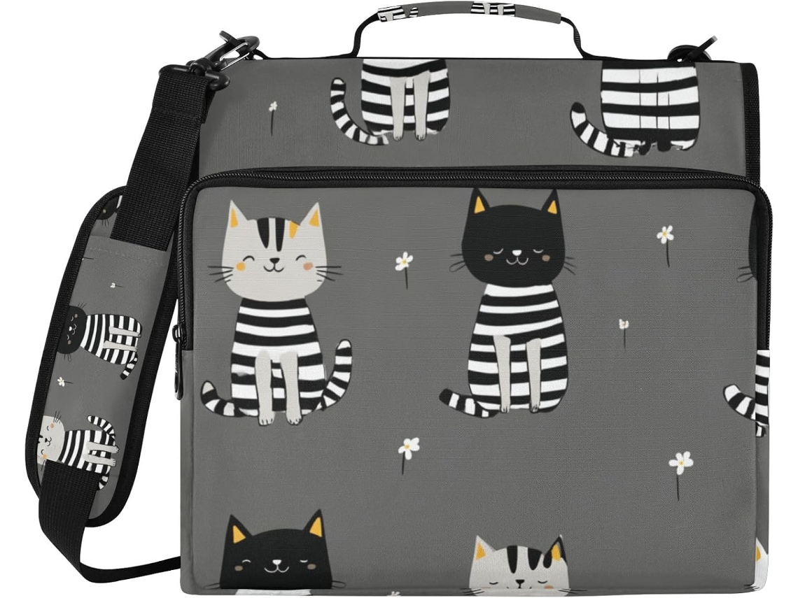 Pasta Com Zíper De 3 Argolas E Estampa Gatinho Listrado, Cinza, Com Alça, Vários Bolsos, Bolsa De Armazenamento Portátil