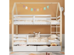 Cama Infantil 90x200 - Cama Em Forma De Casa Com Gavetas Grandes, Dupla, Sem Colchão - Branco+madeira