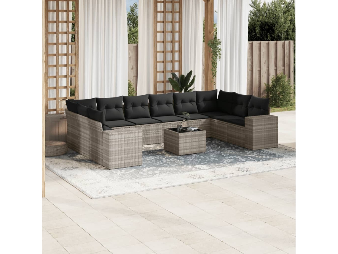 Vidaxl 11 Pcs Conjunto Sofás De Jardim C/ Almofadões Vime Pe Cinzento
