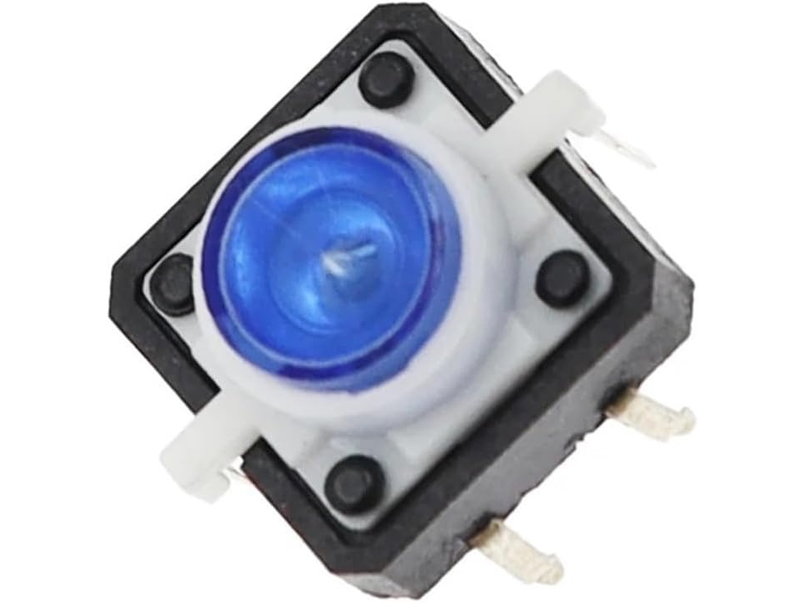 Conjunto de 5 botões de reset com luz, 12x12x7 mm, LED verde de 3 mm, nas cores vermelho, amarelo e azul.