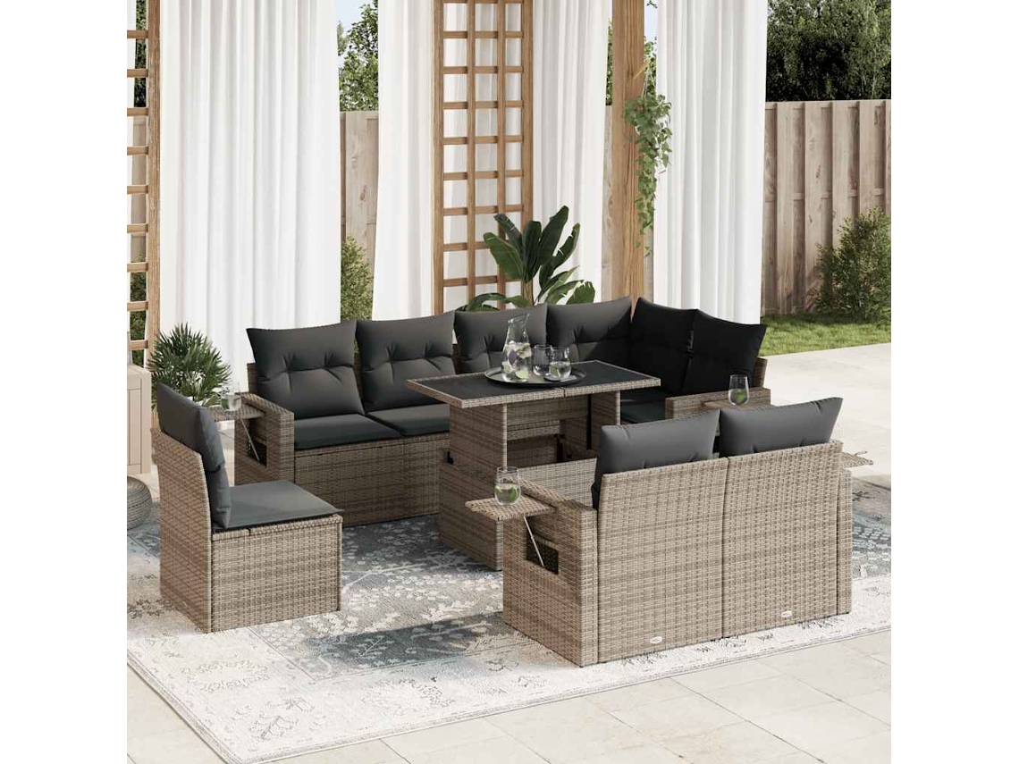 Vidaxl 9 Pcs Conjunto Sofás P/ Jardim Com Almofadões Vime Pe Cinzento