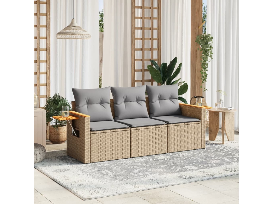 Vidaxl 3 Pcs Conjunto De Sofás P/ Jardim Com Almofadões Vime Pe Bege