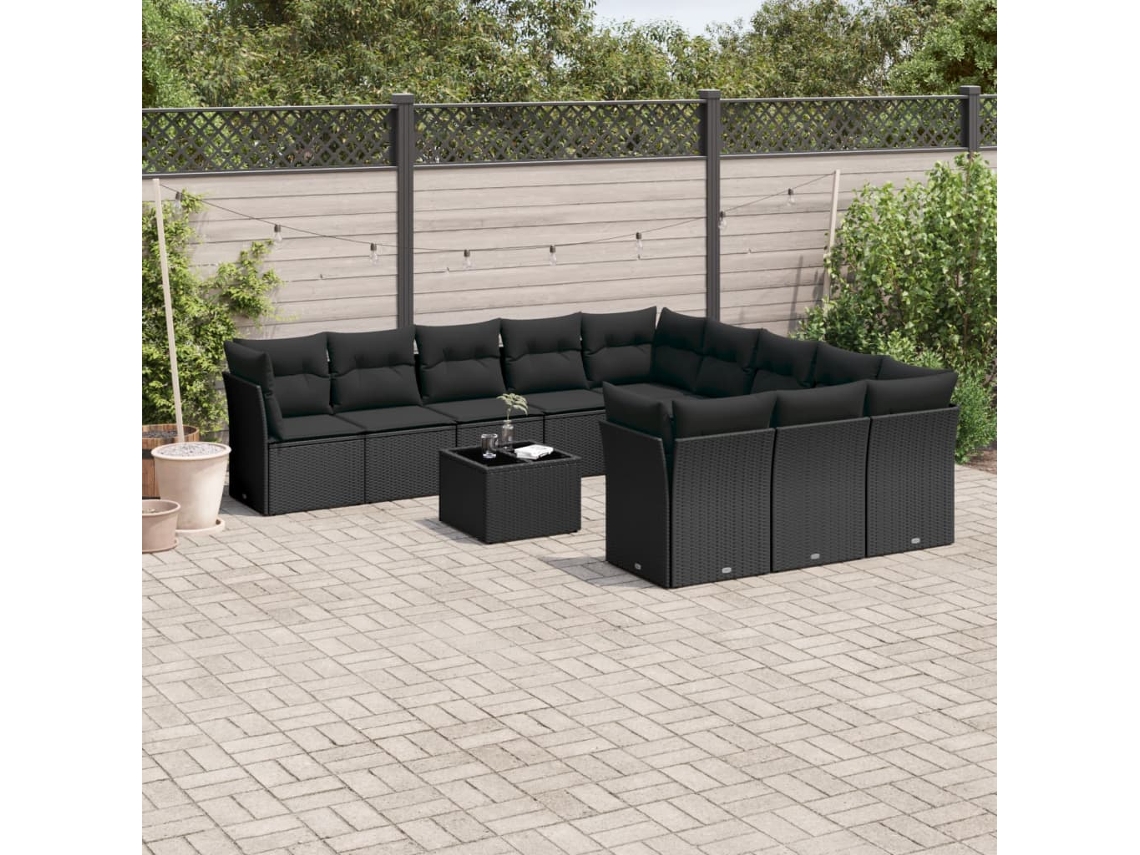 Vidaxl 12 Pcs Conjunto De Sofás De Jardim C/ Almofadões Vime Pe Preto