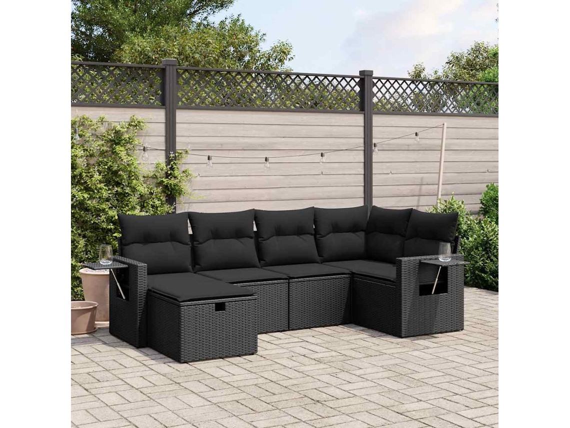 Vidaxl 6 Pcs Conjunto Sofás De Jardim C/ Almofadões Vime Pe Preto