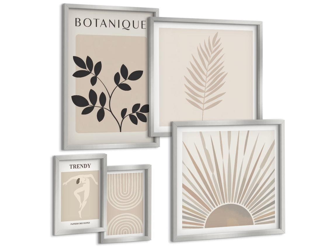 Galeria De Pinturas Murais Plantas Tropicais, Pássaros, Natureza Moldura Prateada Quadros Para A Sala De Estar Espelharte (conjunto De 5 Imagens)
