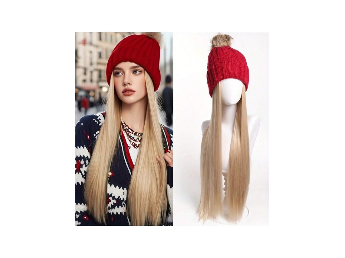 Chapéuperuca Gorro De Tricô Vermelho Com Cabelo Loiro Longo, Peruca De Cabeça Inteira Com Chapéu Igvtrade