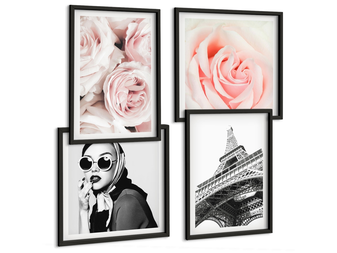 Galeria De Pinturas Murais Flores Rosa, Mármore, Tons Pastel Moldura Preta Quadros Para A Sala De Estar Espelharte (conjunto De 4 Imagens)