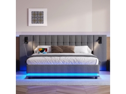 Cama Box Casal 180x200cm Linho, Luz Led, Projetor Cabeceira, Usb, Capacidade 200kg, Confortável, Prático, Sem Colchão, Cinza KOMHTOM