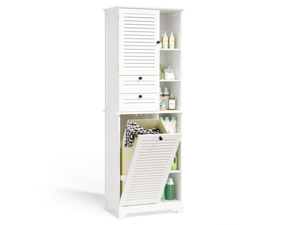 Armário coluna de casa de banho branco - 1 porta 2 gavetas cesto roupa - 57x33,8x170 cm