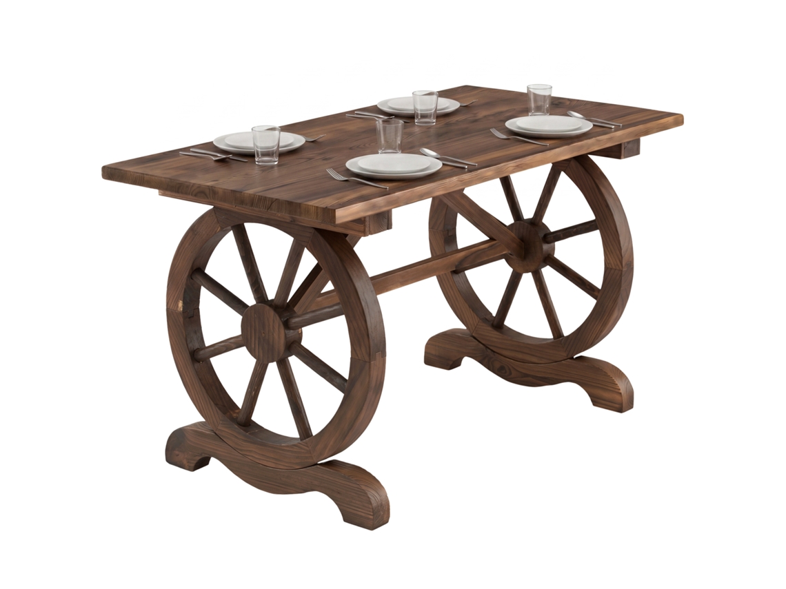 Mesa De Jardim Em Madeira De Abeto Com Pés Em Forma De Roda Para Interior E Exterior, 110x60x65 Cm, Acabamento Carbonizado