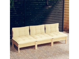 Vidaxl Sofá De Jardim 3 Lugares Com Almofadões Cor Creme Pinho Maciço