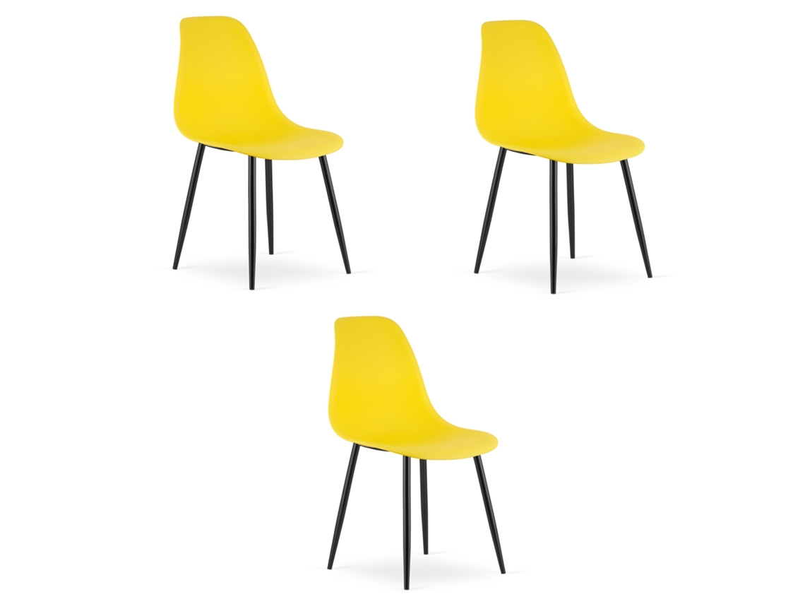 Cadeira De Jantar Conjunto De 3 Peças Kaleo Assento Amarelo, Pernas Pretas, Assento Ergonômico, Pés Niveladores Ajustáveis