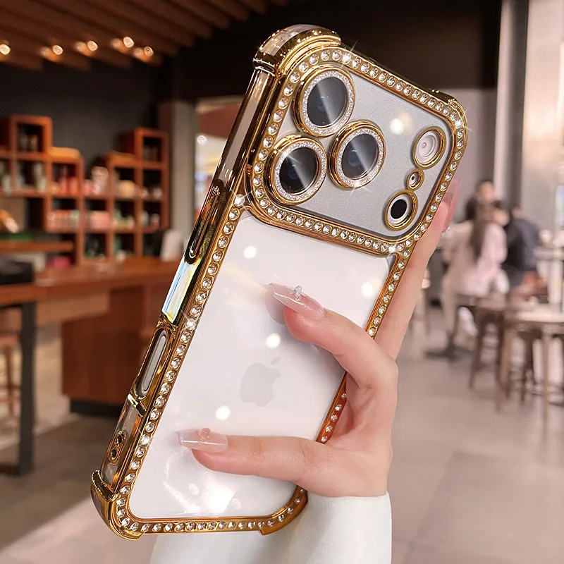 Capa Protetora Para Câmera (iphone 16 Pro Dourado) Com Proteção Contra Quedas Por Airbag, Transparente