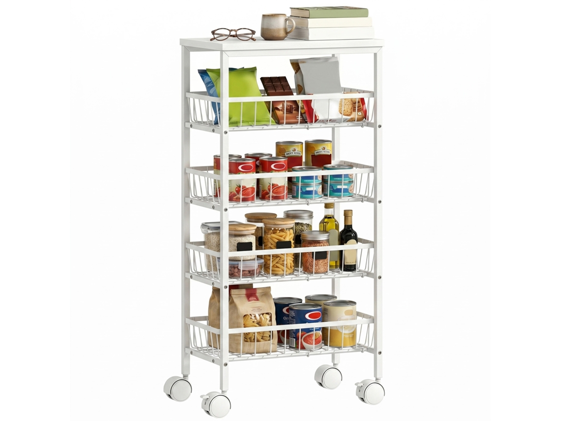 Carrinho Auxiliar Com Rodas, 4 Cestos Removíveis, Capacidade De Carga De 15 Kg, Estrutura Metálica Para Sala De Jantar, Banheiro, 40x24x82 Cm, Branco