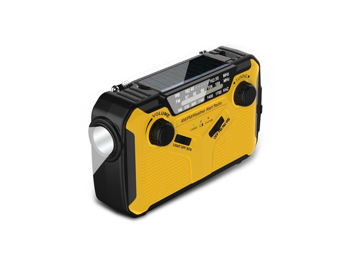 Rádio portátil solar AQUAFORGE com manivela, am/fm, tablet, bateria 4000mah, lanterna led, alarme sos, amarelo