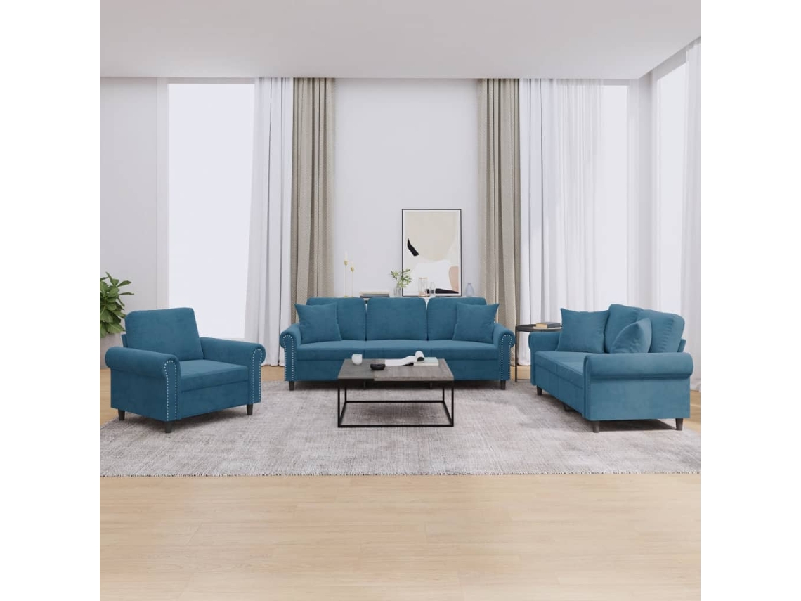 Vidaxl 3 Pcs Conjunto De Sofás Com Almofadas Veludo Azul