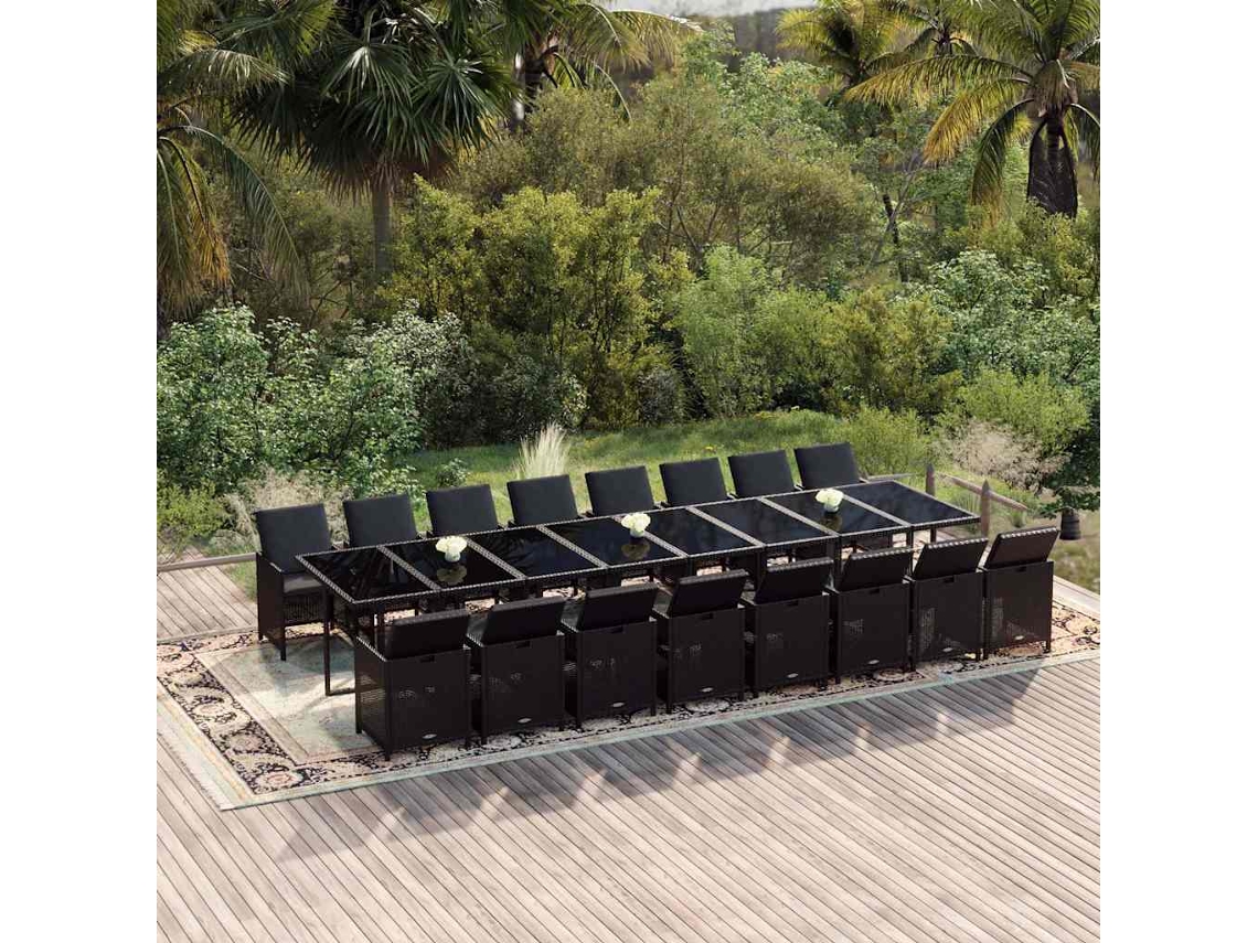 Vidaxl 17 Pcs Conjunto De Jantar P/ Jardim C/ Almofadões Vime Pe Preto