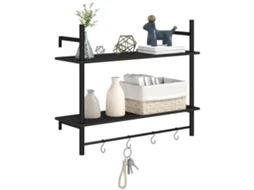 Estante De Parede De 2 Níveis Em Metal, Com 2 Prateleiras E 4 Ganchos, 80x24x65 Cm, Preto