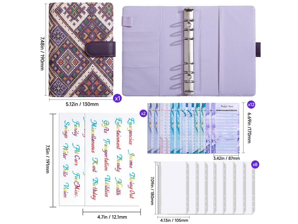 Ethnic Jacquard Fabric Loose Leaf Notebook With Vintage Buckle, Purple, Standard Gift Set Includes 12-budget Cards