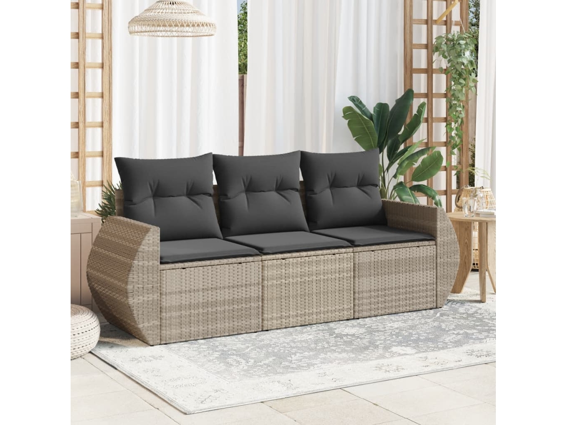 Vidaxl 3 Pcs Conj. Sofás Jardim C/ Almofadões Vime Pe Cinzento-claro