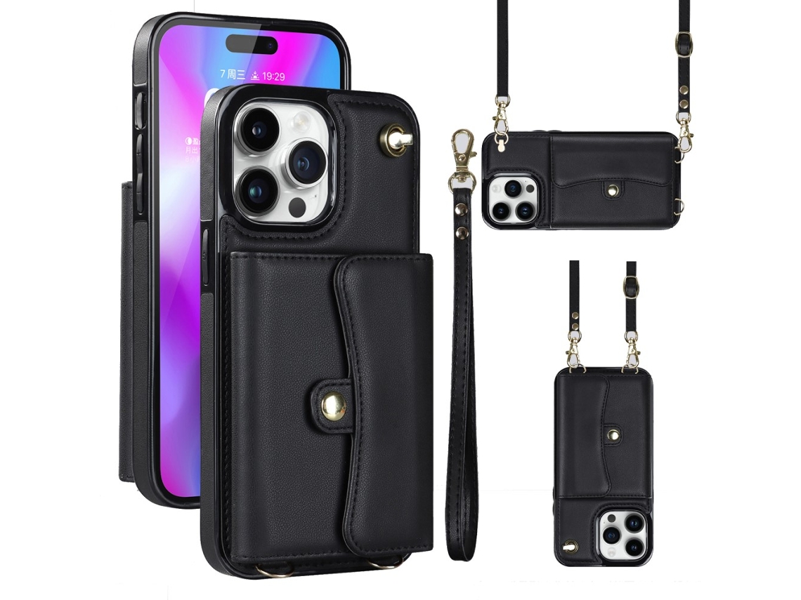 Suporte Casa Para Iphone 15 Pro Pele Sintética Com Porta-cartões Preto