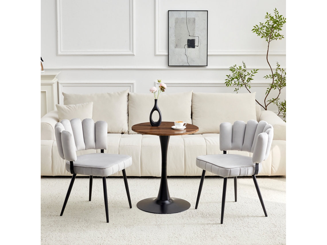 Conjunto Mesa Mdf 60cm 2 Cadeiras Veludo Cinza Claro Pétala Metal Preto