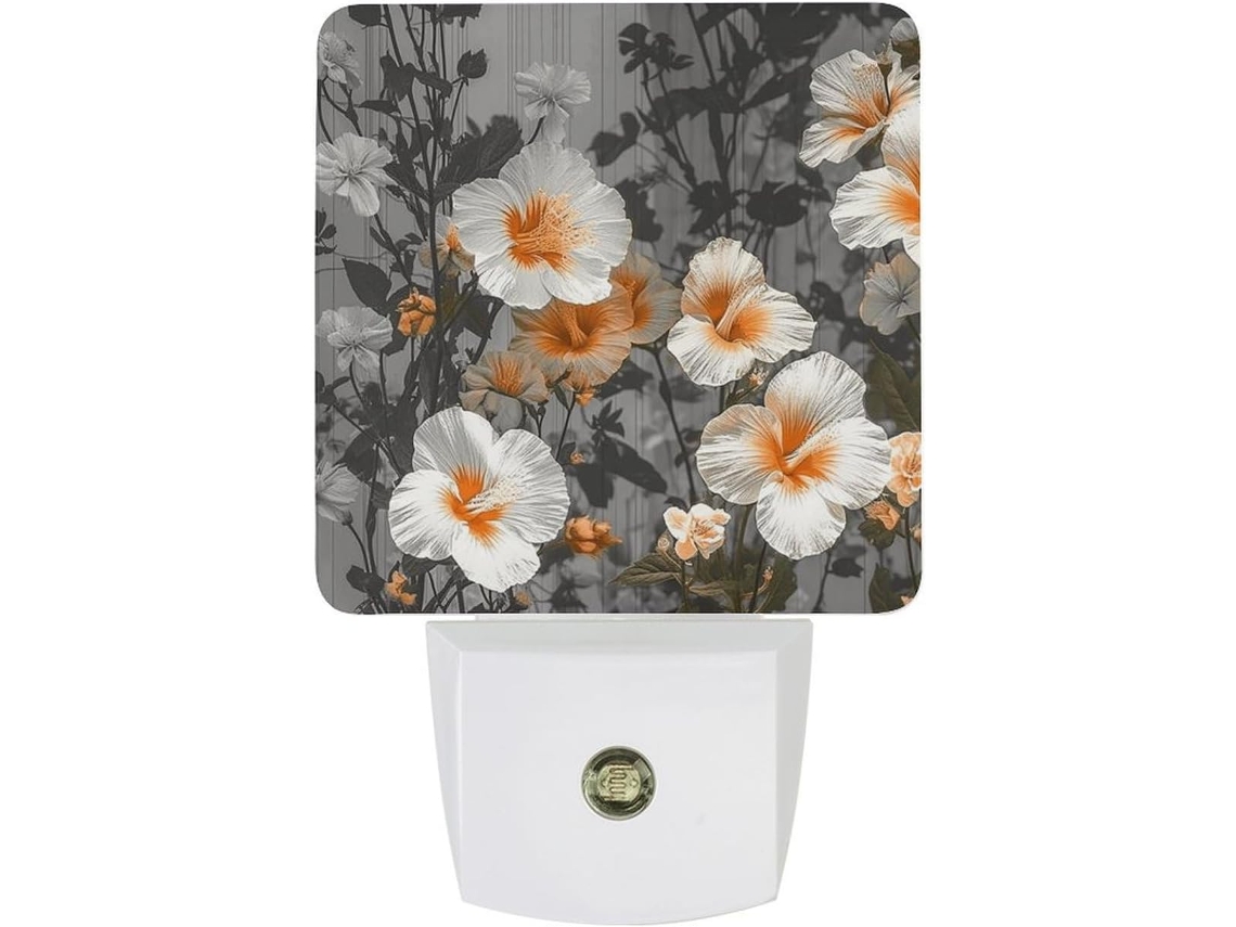 Luminária de parede LED com plugue, acendimento automático, sensor crepuscular automático, flores de hibisco.