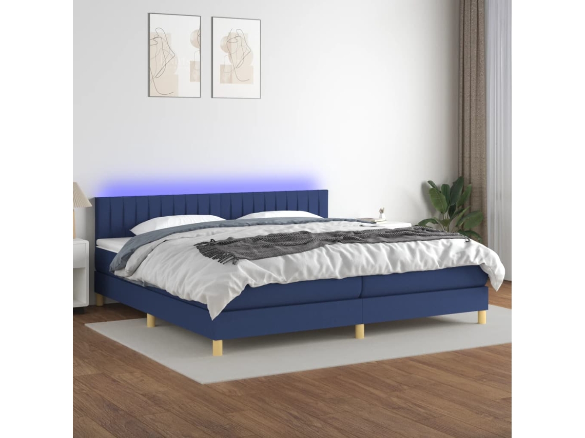 Vidaxl Cama Box Spring C/ Colchão E Led 200x200 Cm Tecido Azul