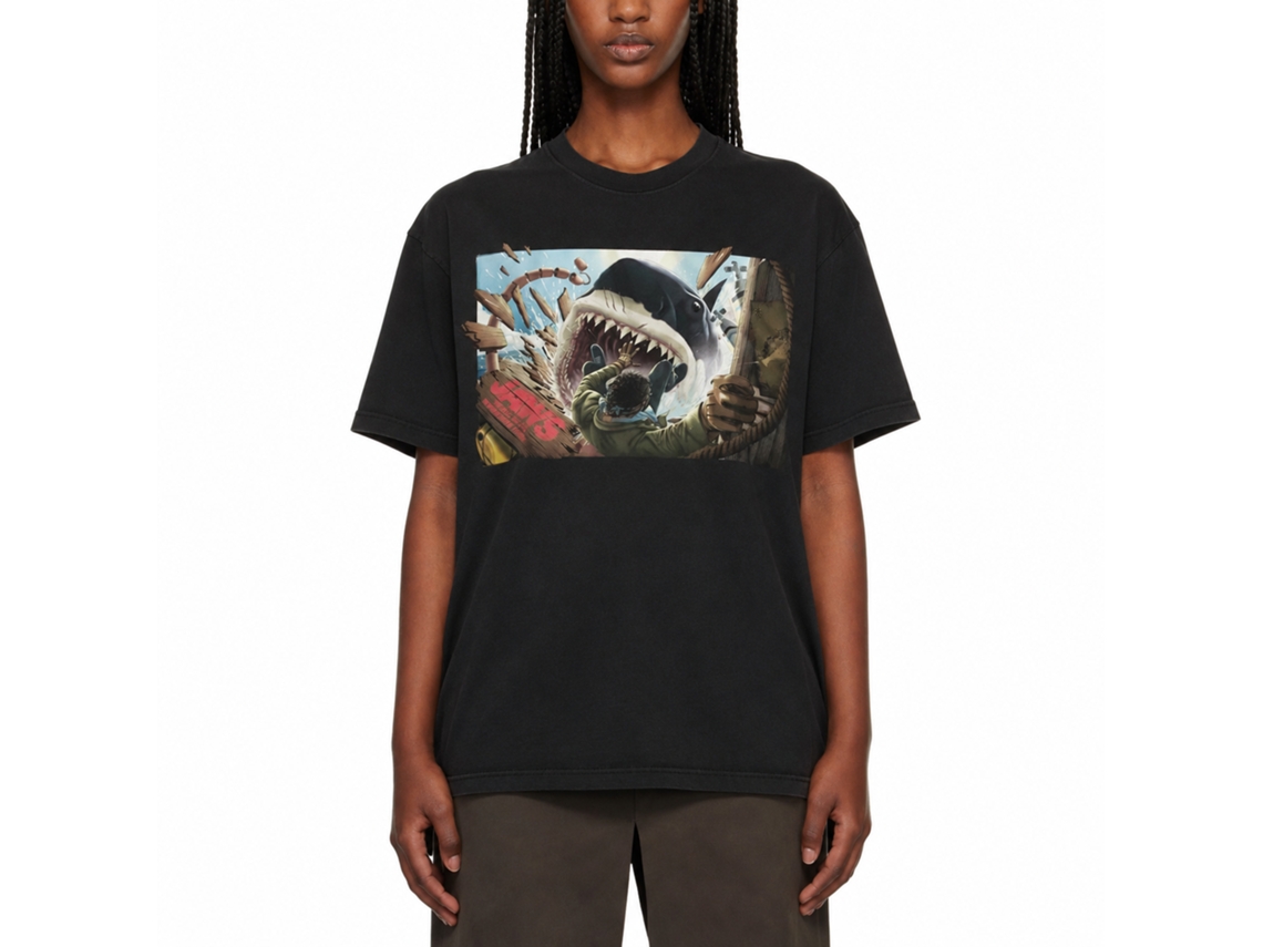 Rockinstone Jaws Movie Man Falling In Shark Mouth Black Adult T-shirt Size:xxl