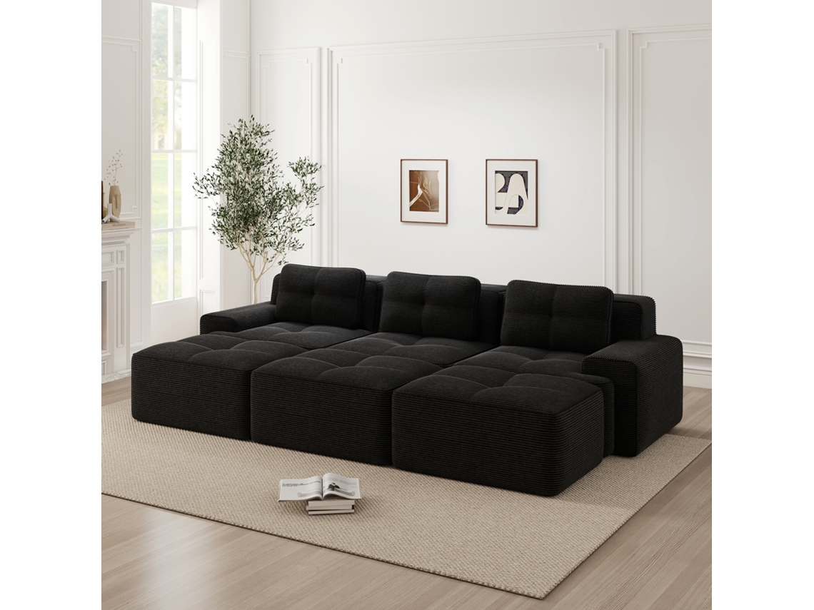 Sofás Canto Veludo Cama 3 Pufes 3 Assentos Preto