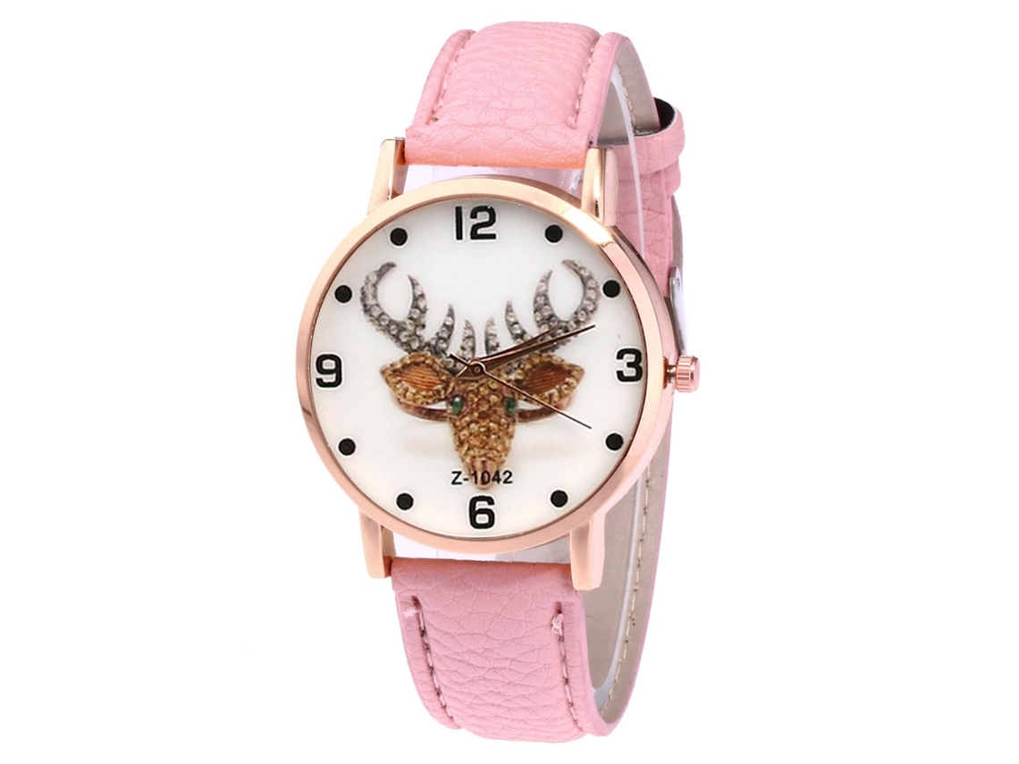 Relógio de quartzo unissex com pulseira de couro PU, mostrador com desenho de alce, Zhoulianfa (rosa)