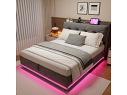 Cama Com Estofos 160x200 Cm,led Cama Hidráulica,com Uma Faixa De Luzes À Volta Da Base,cama De Casal Com Porta Usb Para Carregamento,veludo,cinzenta