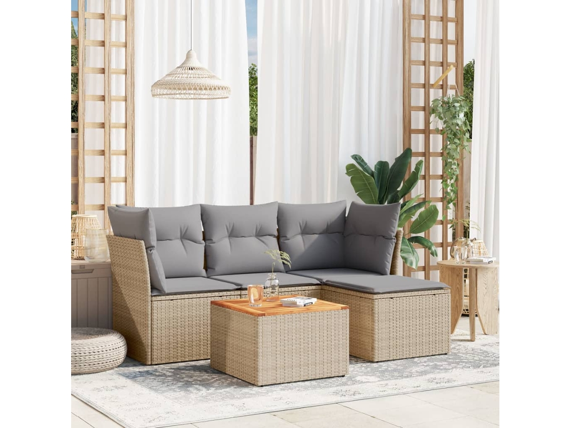 Vidaxl 5 Pcs Conjunto De Sofás P/ Jardim Com Almofadões Vime Pe Bege